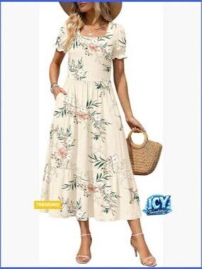 Polyester Spandex Flowy Tiered Midi Dress with Pockets Casual Summer